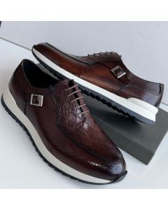 Berluti Leather Lace Up Side Buckle Shoe Coffee Brown